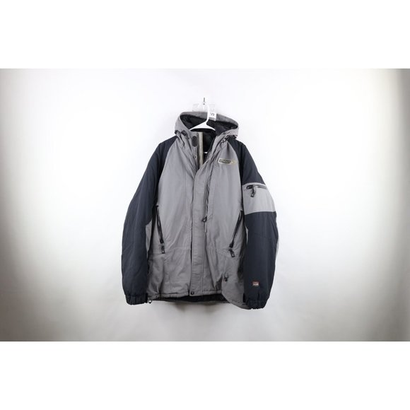 Vintage Spyder Mens Large Spell Out Hooded Skiing Snowboard Puffer Jacket Gray